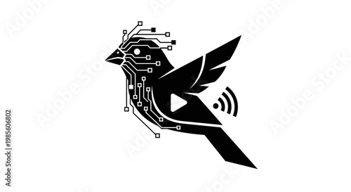 A stylized bird with circuit board and play button.