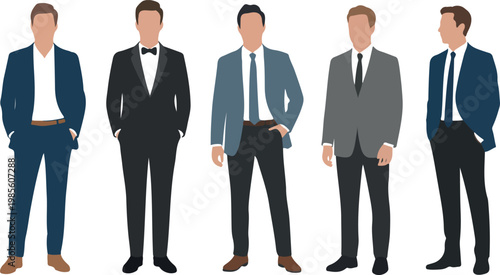 Stylish businessmen set in formal suits, modern professional male characters, fashionable corporate look, flat vector illustration isolated on white background