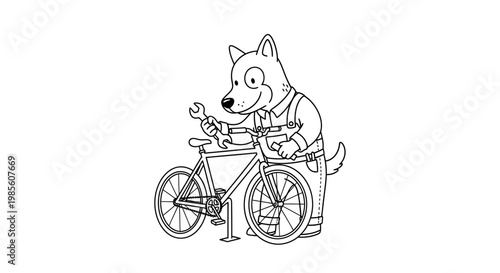 A charming cartoon illustration of a friendly dog wearing overalls and a shirt, diligently repairing a bicycle with a wrench.