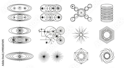 Collection of abstract geometric line art symbols and cosmic elements