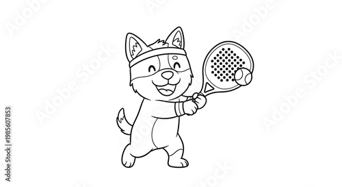 A cute cartoon dog character, wearing a headband and wristbands, enthusiastically playing padel tennis with a racket and ball.