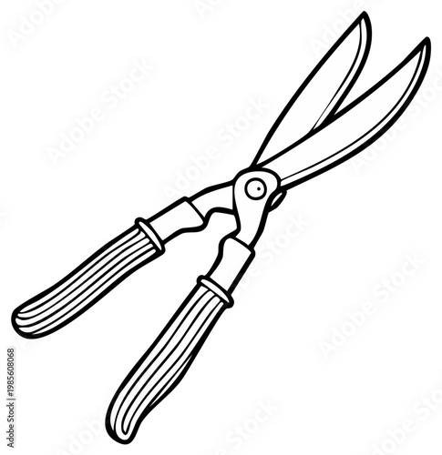 Illustration of garden shears, tool for pruning and trimming plants, black and white outline