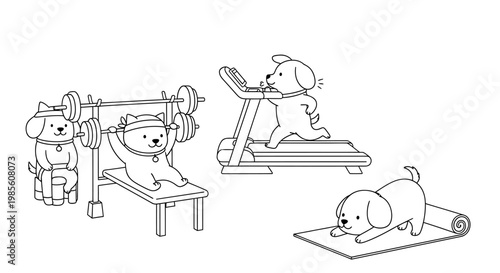 Cute cartoon dogs and a bear engaging in various fitness activities, including weightlifting, running on a treadmill, and stretching on a yoga mat, promoting a healthy lifestyle.