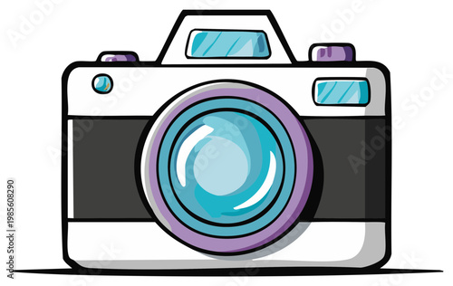 Illustrative Camera with a Large Lens in a Stylized Design with Bold Outlines and Colors
