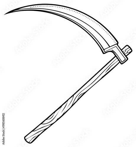 Outlined illustration of a Grim Reaper's scythe, a classic harvest tool, isolated and detailed