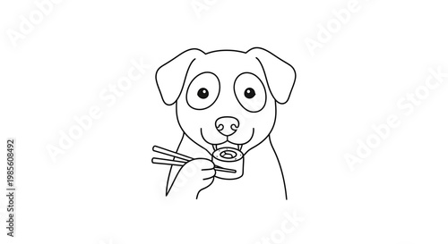 A cute cartoon dog is happily eating sushi with chopsticks, showcasing a humorous and adorable scene.