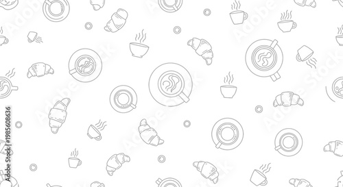 Minimalist Seamless Pattern Background with Coffee Cups and Croissants, Modern Line Art Bakery Texture Design, Clean Breakfast and Cafe Branding Illustration