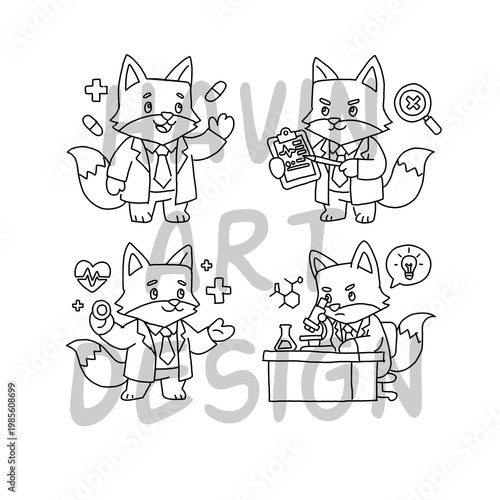 Set of 4 minimalist black line art fox doctor mascots. Cute animal physician posing with medical icons, stethoscope, and microscope. Clean vector outline for pediatric and vet clinic branding.