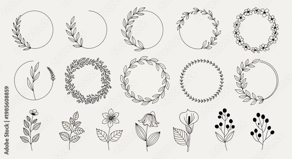 Fototapeta premium Elegant Botanical Wreaths and Frames Line Art Collection for Wedding Invitations, Logos, and Nature-Inspired Designs. Hand-Drawn Floral Illustrations Set
