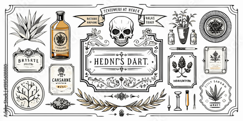 Vintage apothecary labels and botanical elements set, vector