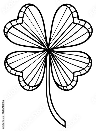 Four leaf clover illustration, lucky charm, symbol of good fortune and St Patricks Day.