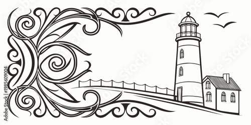 Ornate nautical lighthouse and cottage scene illustration, vector