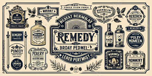 Vintage apothecary labels and medicine bottle design elements, vector