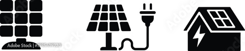 Solar energy vector icons, renewable power panel plug house electricity symbol eco technology illustration set