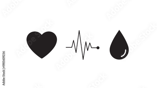Heartbeat and Blood Donation Symbols in Black and White