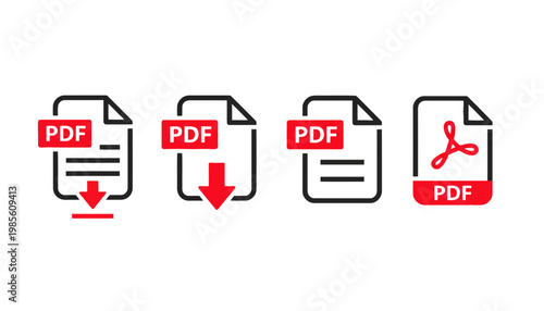 Four different pdf file icons on a for download or editing purposes in various styles stock vector