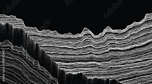 Abstract geological landscape with layered rock strata in black and white