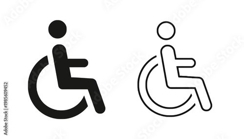 Black and white line icons of disabled person in wheelchair for accessibility signs and symbols stock vector
