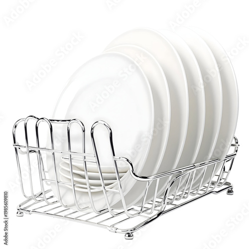 White ceramic plates drying in a chrome dish rack against a transparent background