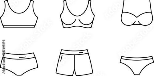Women underwear vector icon set, bra, panties, shorts lingerie outline minimalist clothing apparel collection