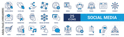 Social media icon set. Containing click like, share, community, add friend, media, favorite, social, website, connect and more. Blue vector icons collection.