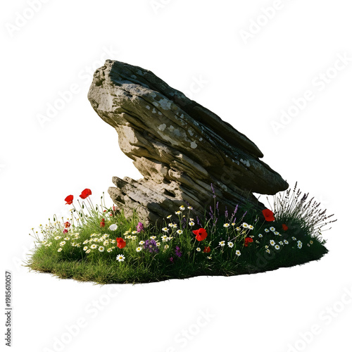 Detailed illustration of large stone with flowers grass transparent background