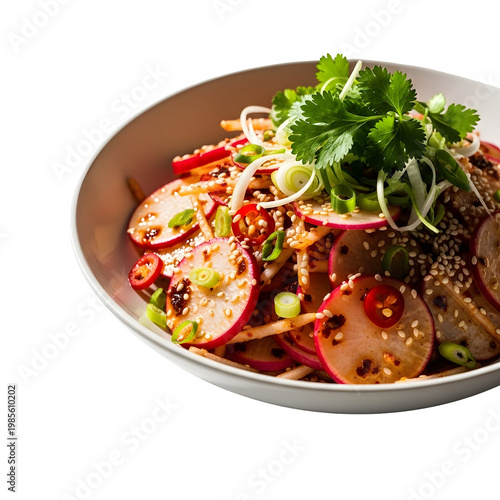 Fresh salad with radish sesame seeds and green onions in a white bowl
