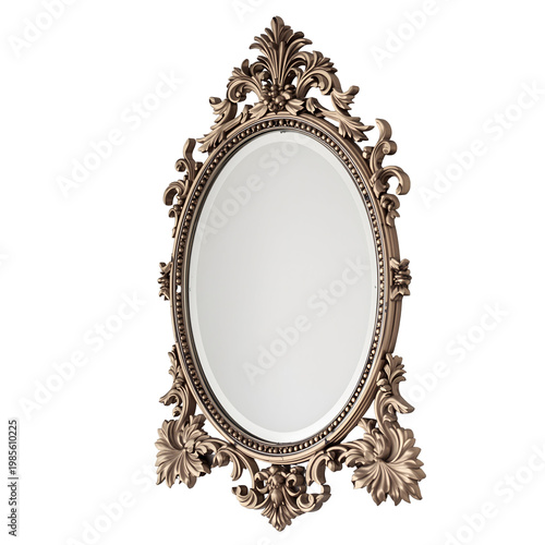 Ornate antique mirror with elegant frame and oval reflection isolated
