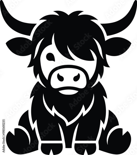 Cute stylized black highland cow silhouette sitting with horns and shaggy fur isolated on transparent background.