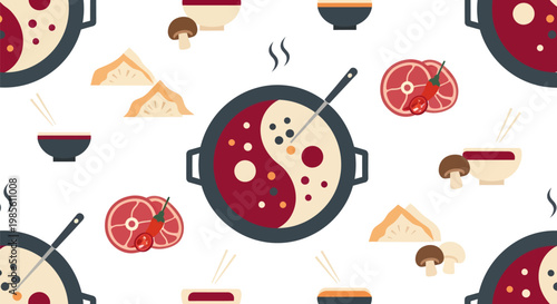 Seamless Food Pattern Background with Chinese Hot Pot Bowls, Shabu Shabu Cuisine Texture Design with Flat Illustrations of Sliced Meat, Mushroom, and Spicy Soup