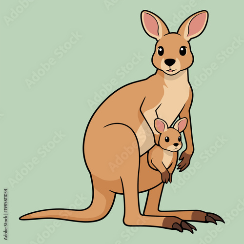 ed Kangaroo with Baby Joey in Pouch Flat Design vector illustration