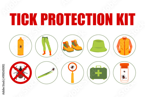 Illustrated checklist of tick safety essentials in round icons with red title text. Protective clothing, repellent, removal tools and first aid items for outdoor activities.