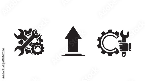 Black icons of tools and gears on white background