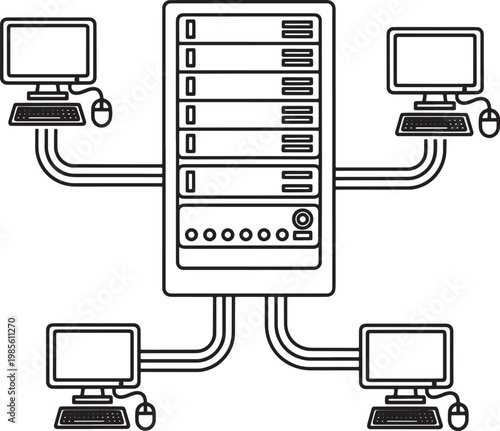 Line drawing of computer server with multiple connected desktop computers