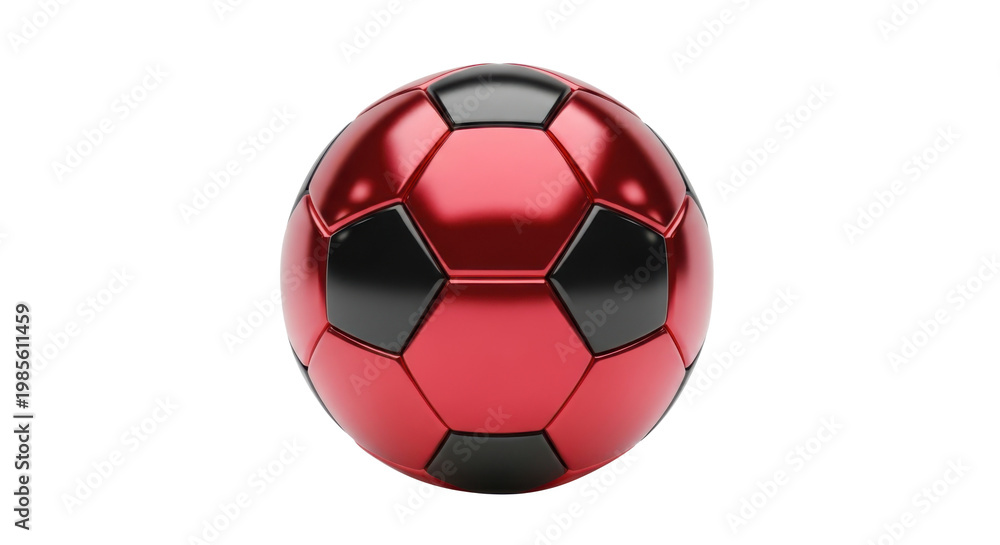 Fototapeta premium Red shiny soccer ball with black panels isolated on transparent background