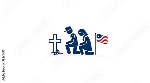 People Kneeling at a Memorial with US Flag