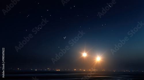 Mysterious light night sky ocean horizon distant city bright star sea coastline fantasy surreal astronomy adventure light glows over dark ocean horizon with distant city sparkle deep night sky