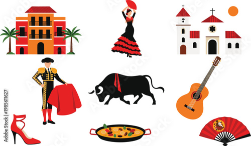 Spain Culture Icon Set Featuring Flamenco Dancer Bull Matador Guitar Paella and Spanish Landmarks for Travel Design and Cultural Illustration Projects