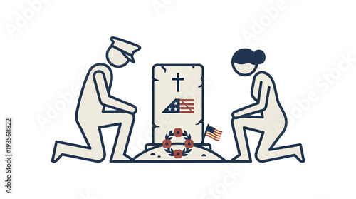 Mourning Soldier and Woman at Memorial Grave