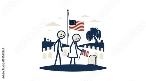 Sad Cartoon Figures at Memorial Day Grave