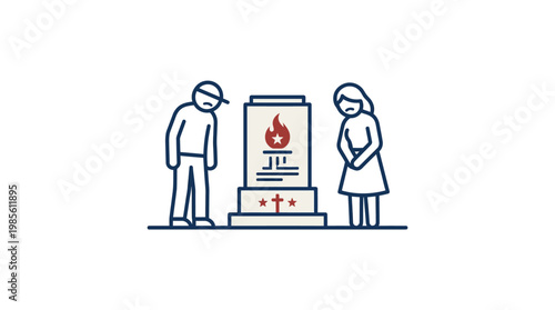 Mourning Couple at Memorial With Eternal Flame