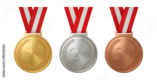 Gold silver bronze medals award set first second third place winners ribbon isolated transparent background competition achievement prize sports ranking
