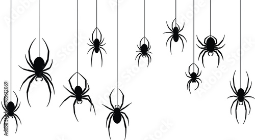 Spider Silhouette Icon Set Featuring Hanging Spiders on Web Threads for Halloween Decoration Creepy Insect Design and Spooky Graphic Projects