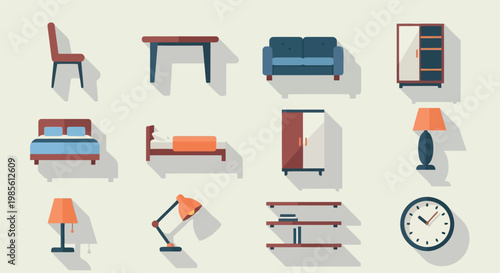 Home furniture and interior design icons - chairs tables sofas beds lamps clock with home decor living room dining room decoration elements furniture set table lamp desk lamp wall clock