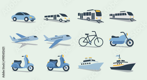 Collection of diverse transportation icons with flat design airplane motorcycle transport movement transportation mobility logistics delivery industry collection illustration isolated