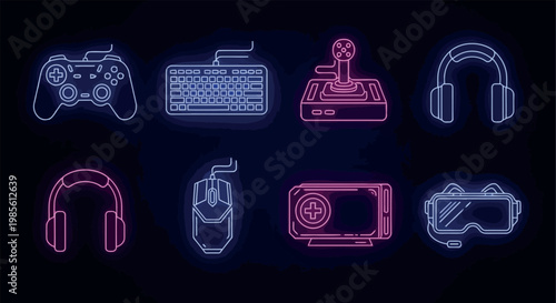 Neon outline icons for gaming equipment and virtual reality with game controller vr headset video games dark background joystick keyboard headphones graphics card vr headset technology