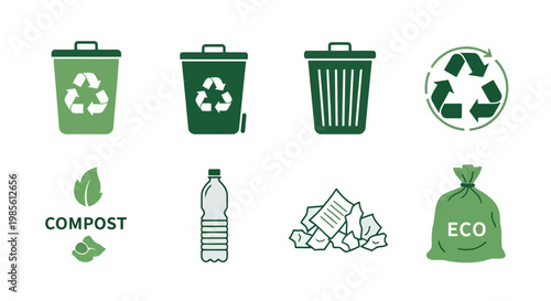 Recycling and ecology icons: trash cans compost plastic bottle eco bag with recycling disposal environment sustainability circular illustration collection friendly management container