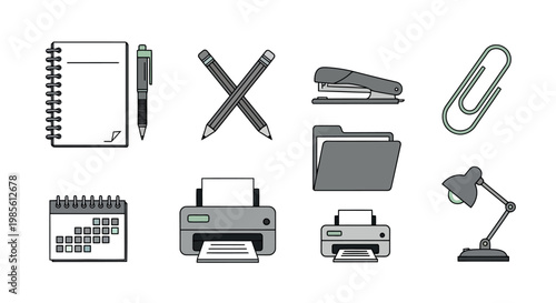 Office supplies and equipment icons: notebook pencils stapler paperclip folder printers desk lamp with supplies equipment notebook paperclip stationery document organization administration