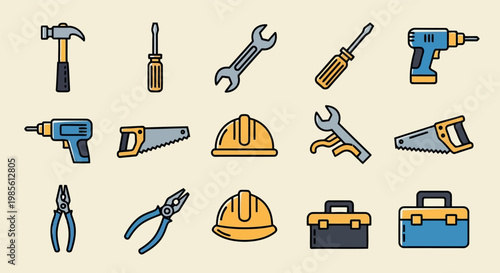 Variety of construction and repair tools icons drills saws hammers wrenches safety helmets with safety helmet hand tools power tools construction screwdriver industry building equipment