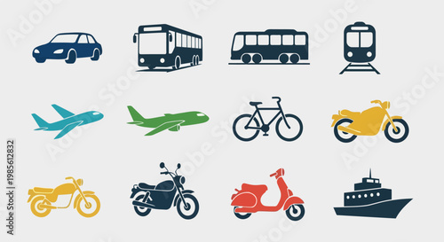 Transportation icons cars buses trains airplanes bicycles motorcycles scooters ship with public transport personal vehicle transport airplane motorcycle movement transportation mobility